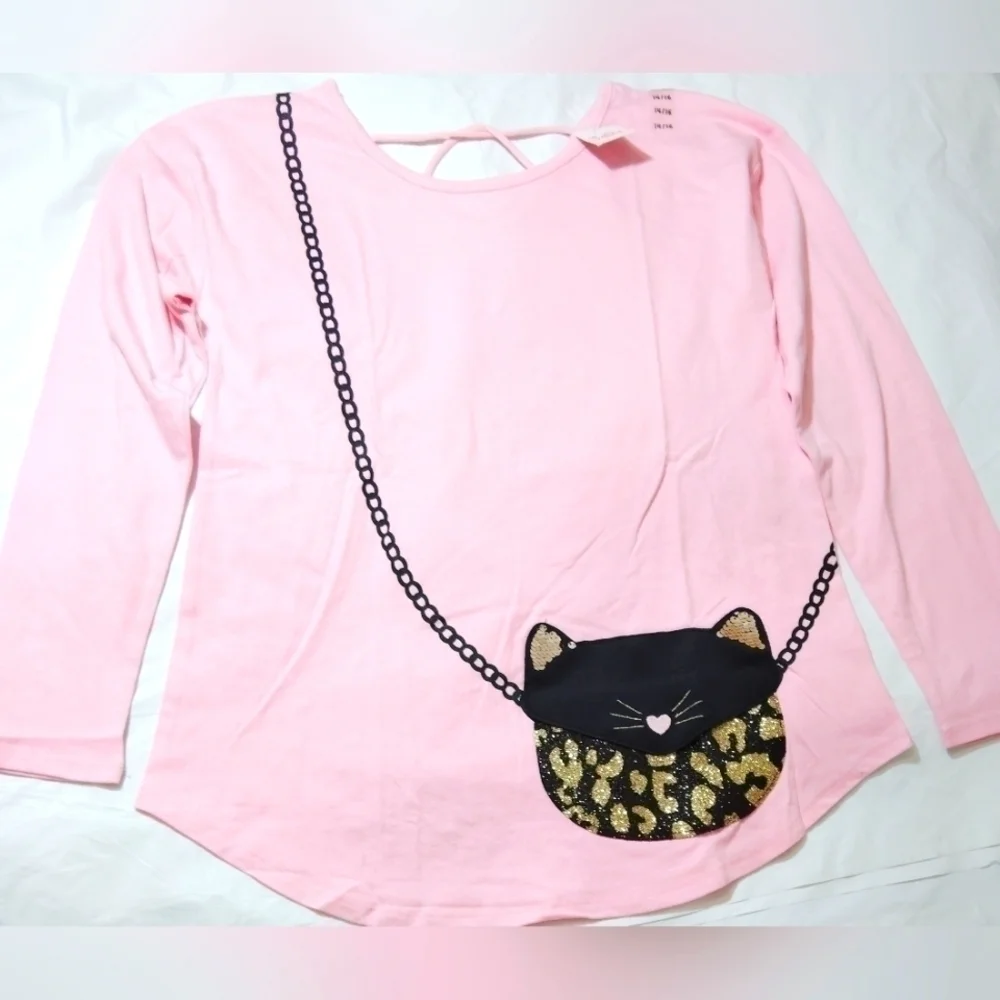Justice Leopard Kitty Face Purse Long Sleeve Shirt- 14/16